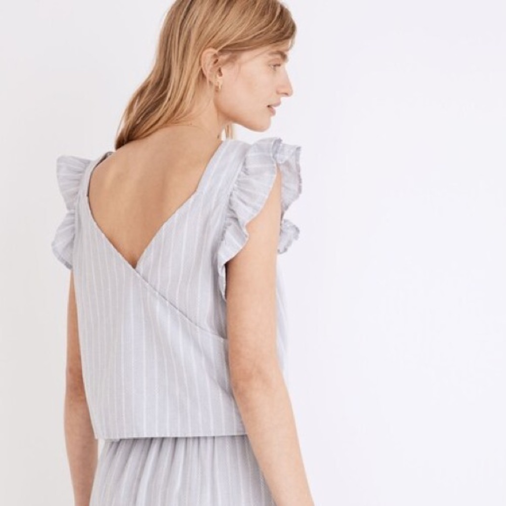 Madewell Blue & White Striped Flutter-Sleeve Cross-Back Top Size XXS